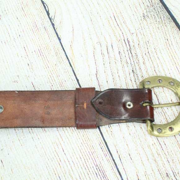 Men's Brown Leather Belt Solid Brass Buckle D-Ring Size 36 - Picture 7 of 8